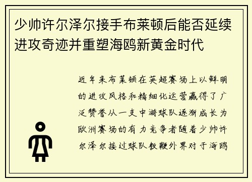 少帅许尔泽尔接手布莱顿后能否延续进攻奇迹并重塑海鸥新黄金时代